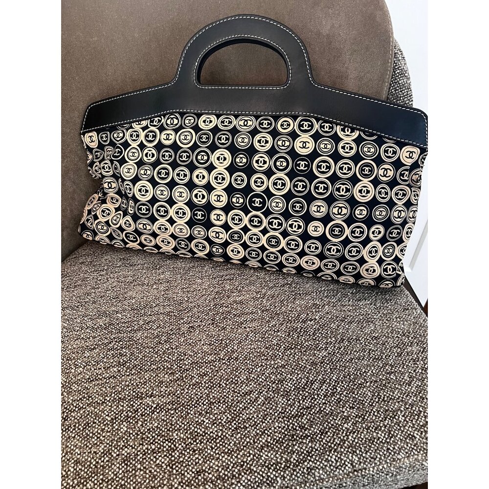 Chanel Black & Beige CC Coin Canvas Tote Bag With Leather Trim
